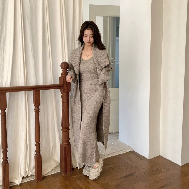 French-Style Lazy and Relaxed Knit Two-Piece Set for Women, Long Over-The-Knee Cable Knit Sweater Cardigan and Slip Dress Set French-Style Lazy and Relaxed Knit Two-Piece Set for Women, Long Over-The-Knee Cable Knit Sweater Cardigan and Slip Dress Set
