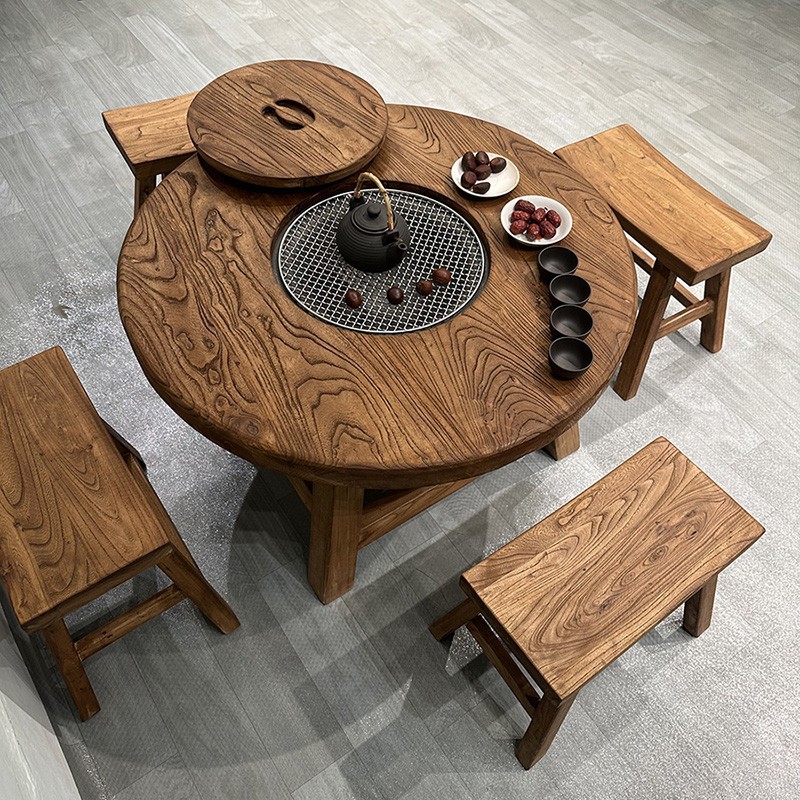老榆木围炉煮茶冰茶全套桌子阳台庭院圆形实木茶桌烧烤火锅桌