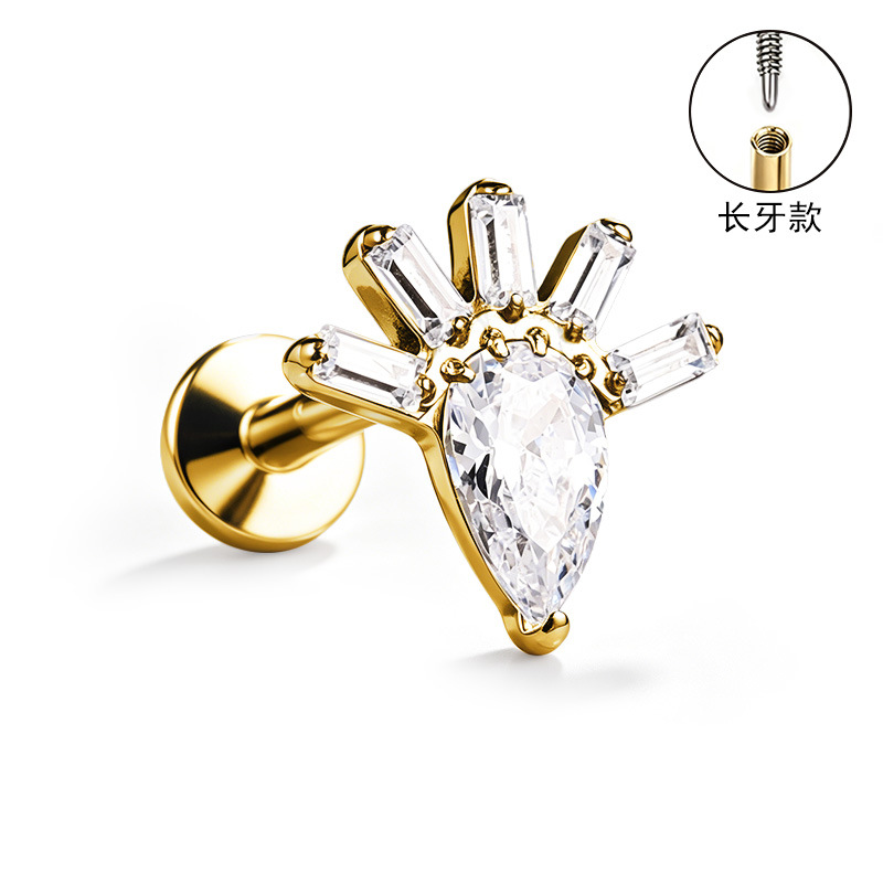 F136 Titanium Alloy Ear Studs – Finely Carved Long Tooth Ear Bone Studs with Zirconia, G23 Titanium Body Piercing Jewelry in Gold detail image 30