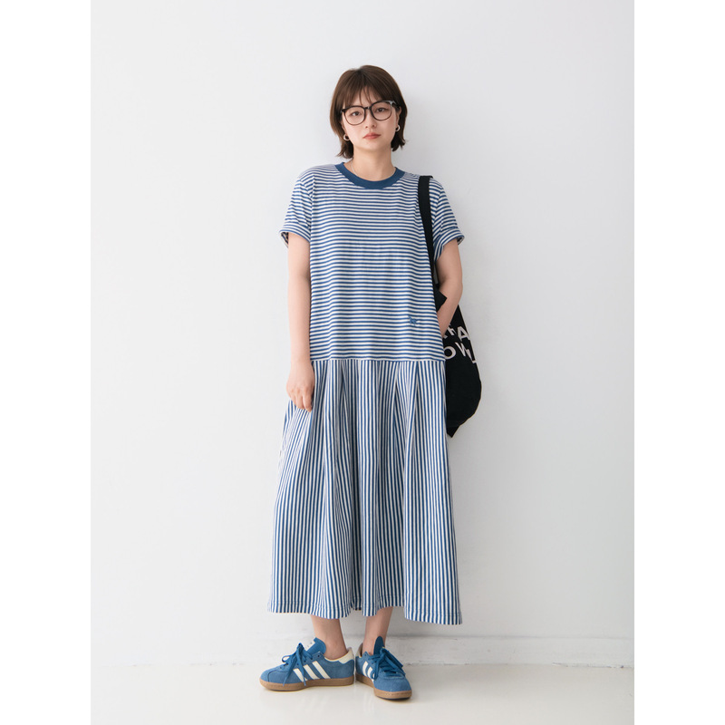 E-61251 # Cotton Round Neck Pullover Patchwork Short-Sleeved Dress for Women, Loose and Versatile Casual Striped Summer Long Dress E-61251 # Cotton Round Neck Pullover Patchwork Short-Sleeved Dress for Women, Loose and Versatile Casual Striped Summer Long Dress