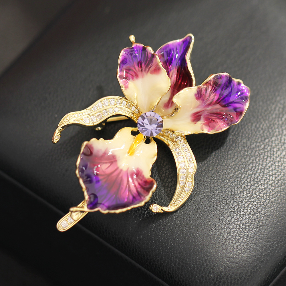 New Cross-Border French Retro Enamel Purple Orchid Brooch Jewelry Plant Corsage Iris Light Luxury High-End