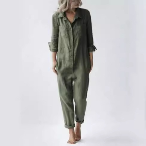 2023 foreign trade hot casual lapel pocket long sleeve solid color cotton jumpsuit green 2023 foreign trade hot casual lapel pocket long sleeve solid color cotton jumpsuit green