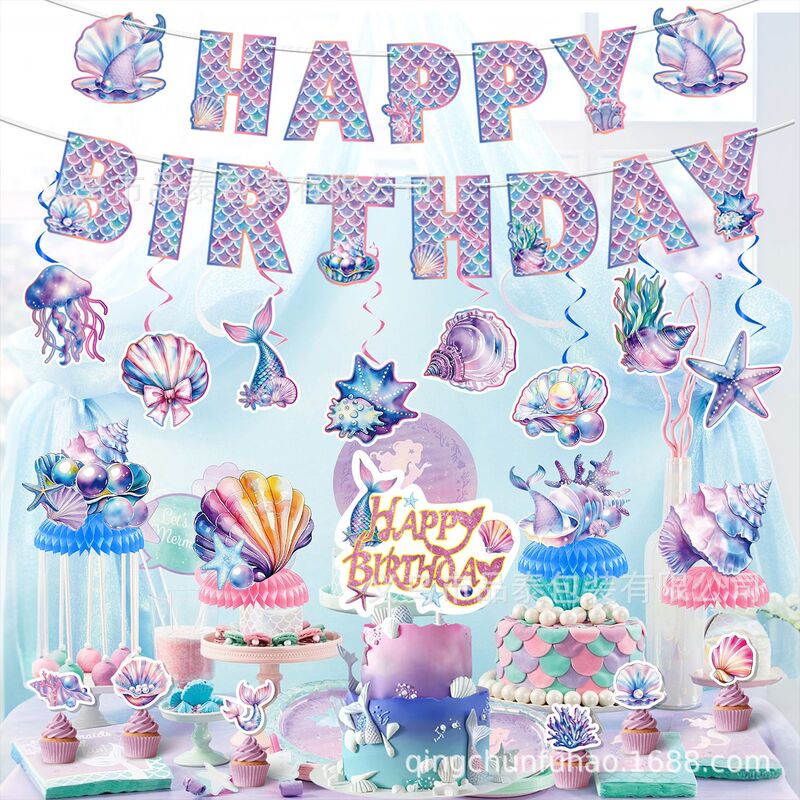 跨境炫彩美人鱼生日派对吊饰贝壳海马拉旗蛋糕插螺旋挂饰装饰挂件|undefined