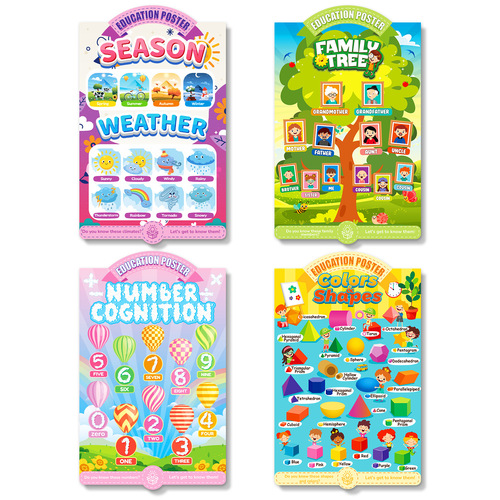 4 pcs/set Fun Educational Toys Cognitive Poster Cross-border Seasonal Family Tree Number Color Shape Wall Art