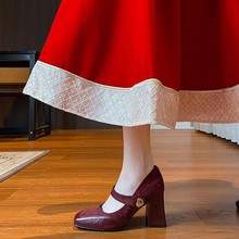 2025年软底新娘鞋一字带不掉跟粗跟方头玛丽珍高跟鞋女春红色单鞋