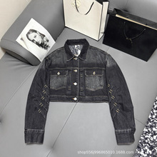 女装牛仔批发 D家25秋季新款字母logo老花翻领短款牛仔夹克外套女