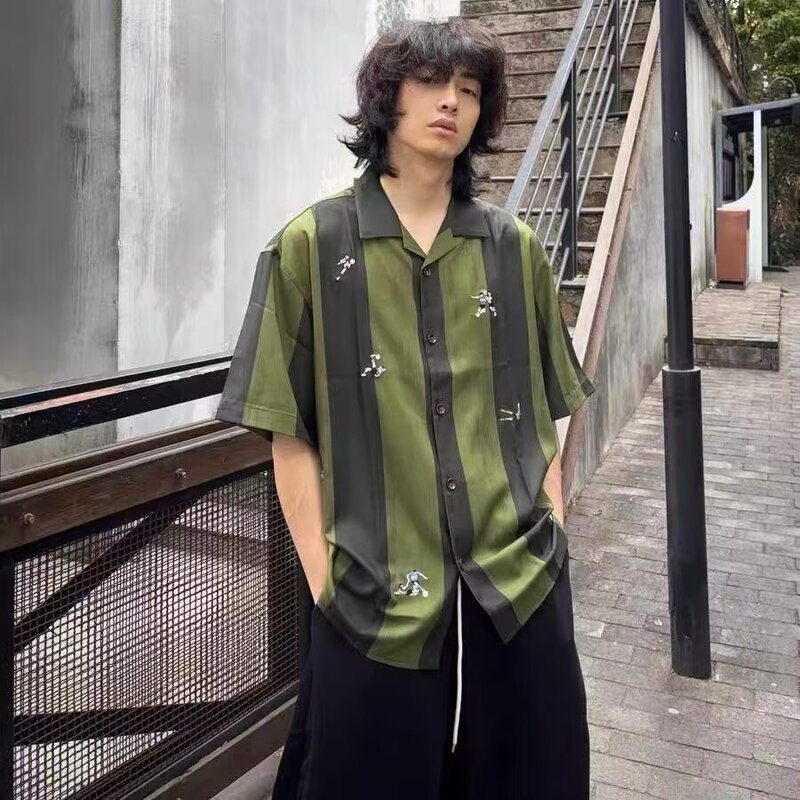 Summer Samba Personalized Embroidered Cool Striped Short-Sleeved Shirt Travel Vacation Style Relaxed Shirt Boys Trendy Brand