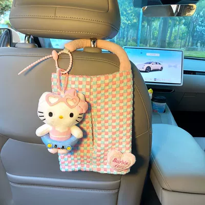 Creative Car Tissue Box with a High-End Feel, Cute Kt Cat Car Tissue Hanging Bag, In-Car Tissue Box Hanging Decoration for Women (Car tissue box/set) - pink-bow-kt-pink-tissue-hanging-bag