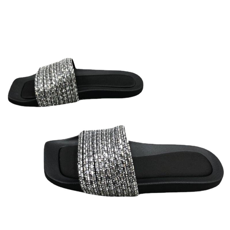 European Station 2024 Summer New Women's Shoes Open Toe Flat Bottom Rhinestone Stripes Outer Wear Single Slipper Simple Sandals Women_voghion.com