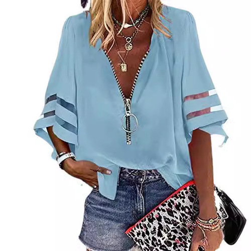 2025 European and American Amazon V-neck Zipper Shirt with Half Flared Sleeves, Mesh Patchwork, Loose Fit, Women's Chiffon, European and American Style