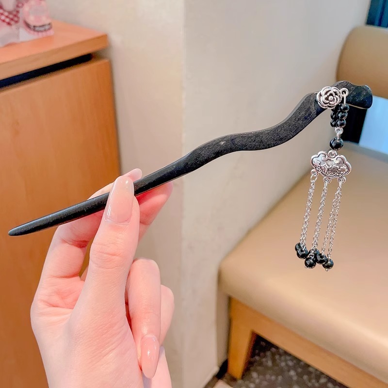 天然黑檀木发簪女清冷感发饰玉兰花步摇簪子古风旗袍头饰日常盘发|undefined