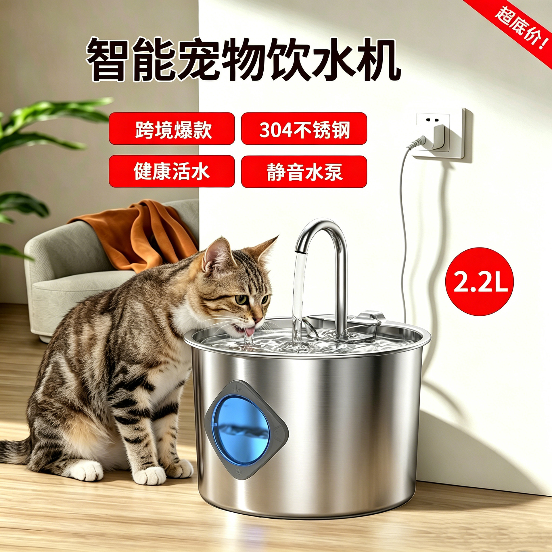 Acero inoxidable transfronterizo gatos beber agua filtración de circulación automática perros alimentación de agua 2.2L capacidad pet beber agua