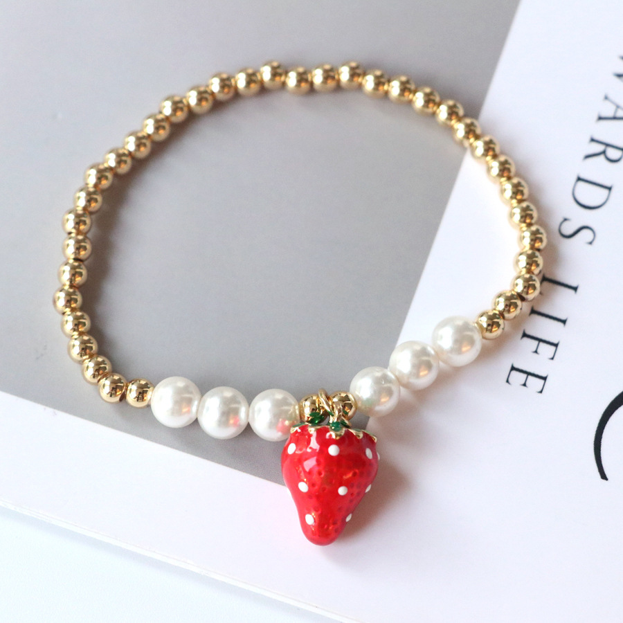 Pearl, Copper Chain Material Beaded Chain Chain Type Sweet Heart Shape Strawberry Chili Artificial Pearl Copper Beaded Chain Beaded Bracelets Wholesale
