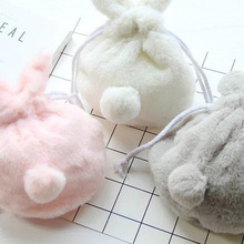 ins卡通毛绒兔兔收纳袋小熊兔耳朵蝴蝶结抽绳收纳包束口袋手机包