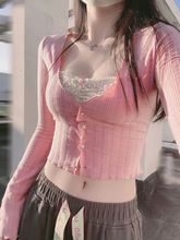 纯欲风甜辣妹粉色蕾丝长袖t恤女春季性感紧身露脐短款假两件上衣