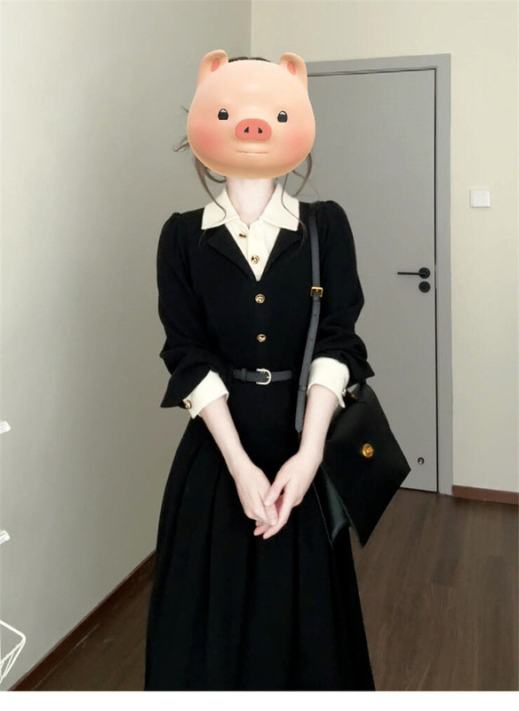 送腰带 早秋通勤风气质polo领衬衫长袖连衣裙巨好看的假两件长裙|undefined