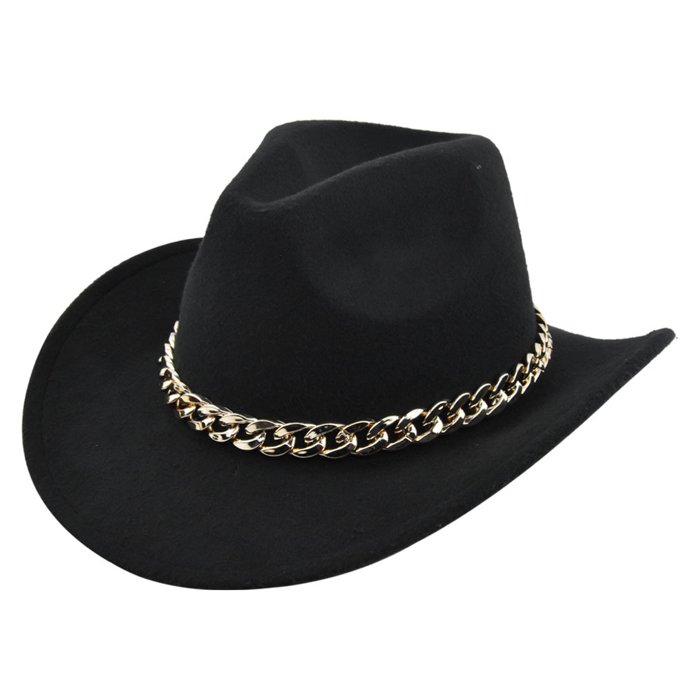 Cowboy jazz gold-plated chain woolen top felt sheep hat, cowboy hat_voghion.com