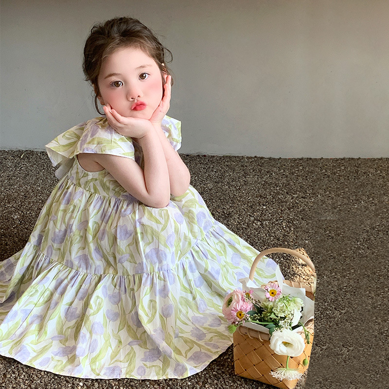 Girls' Dress Summer 2026 New Style Children's Flutter Sleeve Dress Stylish Little Girl Summer Outfit Fashionable Princess Dress