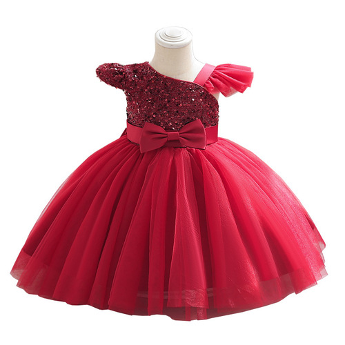 Girls dress mesh sequined tutu skirt raglan small flying sleeves bow evening dress evening dress flower girl dress