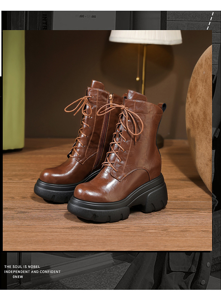 Boot Martin nữ đế xuồng da thật mũi tròn gót cao 6 cm dây buộc — nhung đen, Nhung nâu, Lớp lót đơn màu đen, Lớp lót đơn màu nâu chi tiết 11
