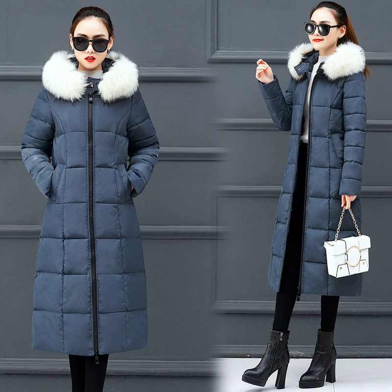 Хлопчатобумажная одежда женский 2024 осень и зима новая корейская версия длинного колена пухового хлопчатобумажного платья женский большой размер свободный цвет шерстяной воротник хлопчатобумажная куртка