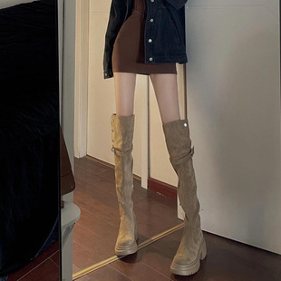 Small Inner Height Over-the-Knee Boots Women's Maillard Autumn and Winter New Thick Bottom Two-Wear Folding Boots