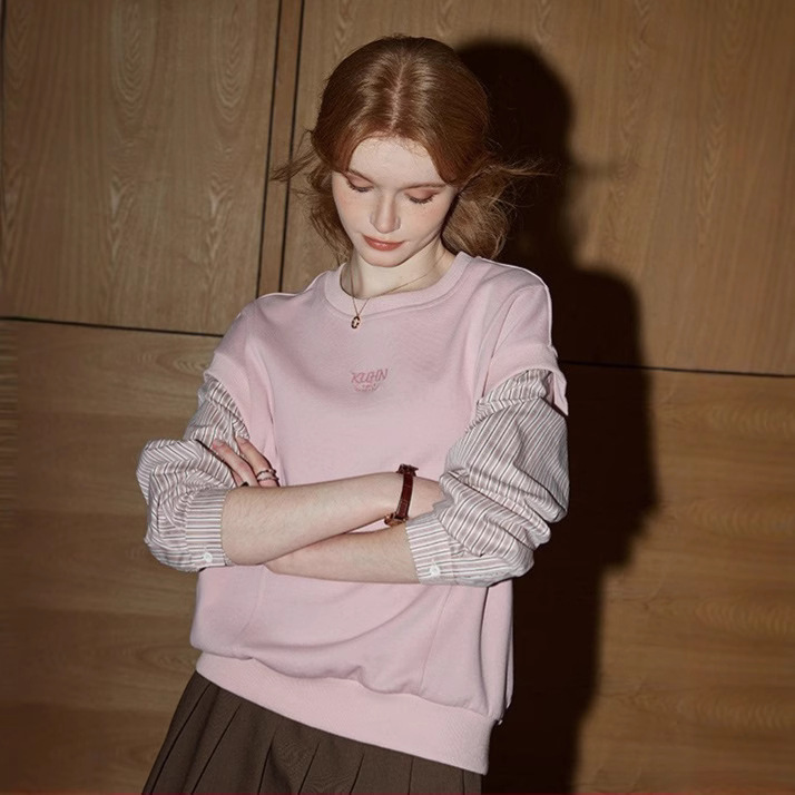 Kuen's Round-Neck Pink Long-Sleeve Sweatshirt for Women, 2026 Winter New Style, Patchwork Fake Two-Piece Student Spring Top