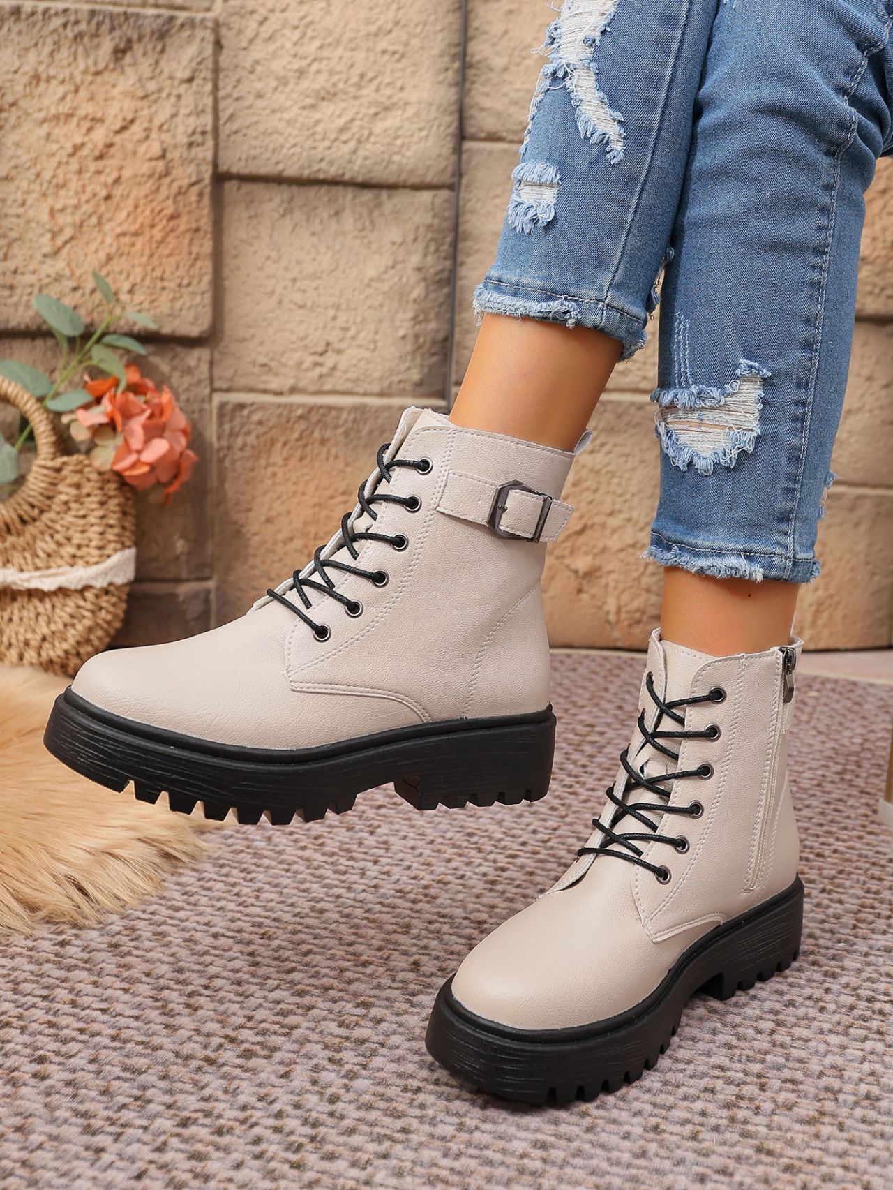 Women's Round Toe Ankle Boots With Side Zipper And Belt Buckle_voghion.com