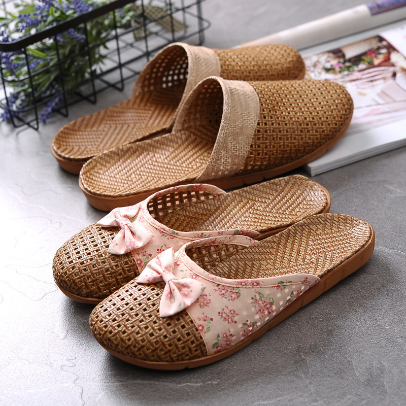 Summer Ya grass couple sandals and slippers men's home indoor non-slip thick floor linen slippers women's home