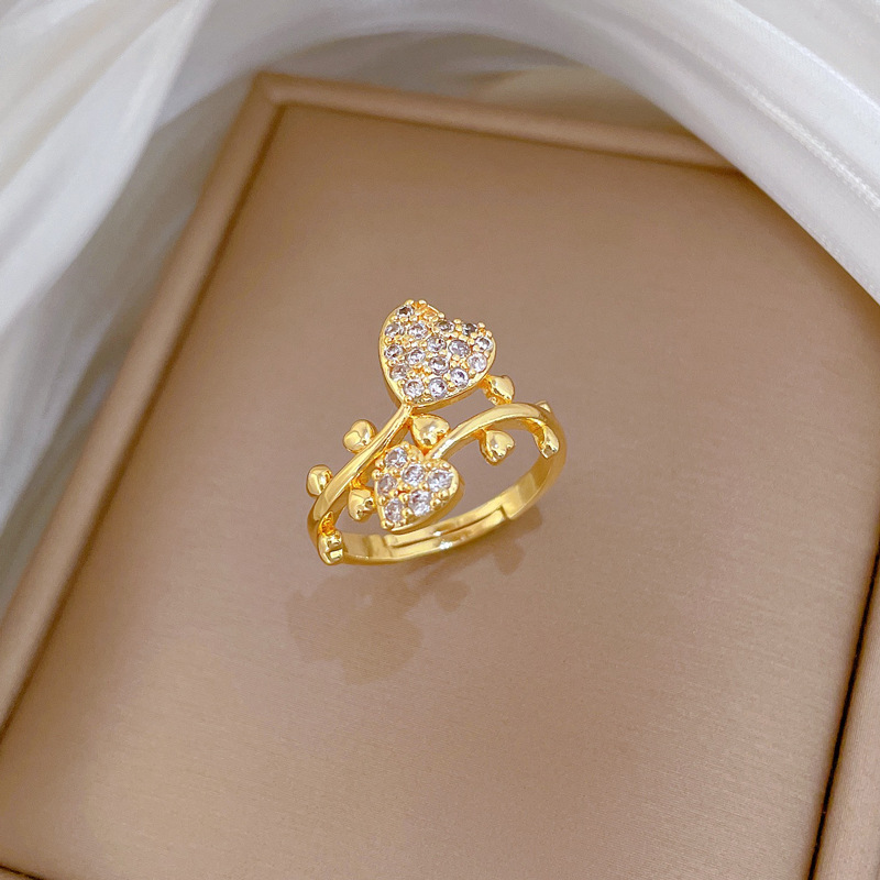 Full Diamond Heart Zirconia Adjustable Ring In Real Gold Style_voghion.com