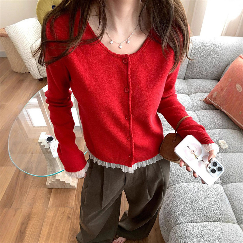 温柔风拼接设计感蕾丝花边针织开衫女秋季新款小个子短款毛衣外套|undefined