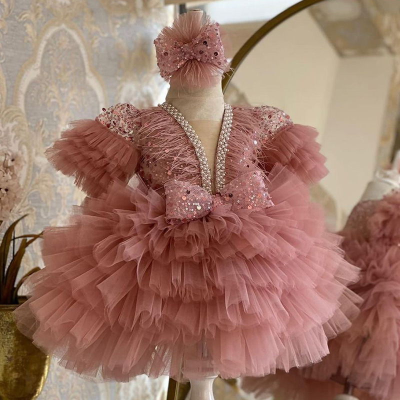 儿童礼服公主裙V领短袖亮片蓬蓬纱裙T台女童走秀演出服装实体批发