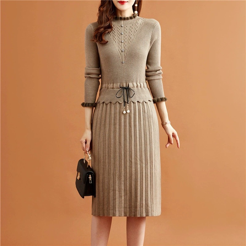 2026 Autumn and Winter New Two-Piece Knit Sweater Dress for Women, Mid-Length, Slim Fit, Inner Sweater Dress