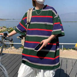 夏季薄款冰丝条纹短袖T恤男圆领撞色休闲百搭潮牌拼色青少年上衣