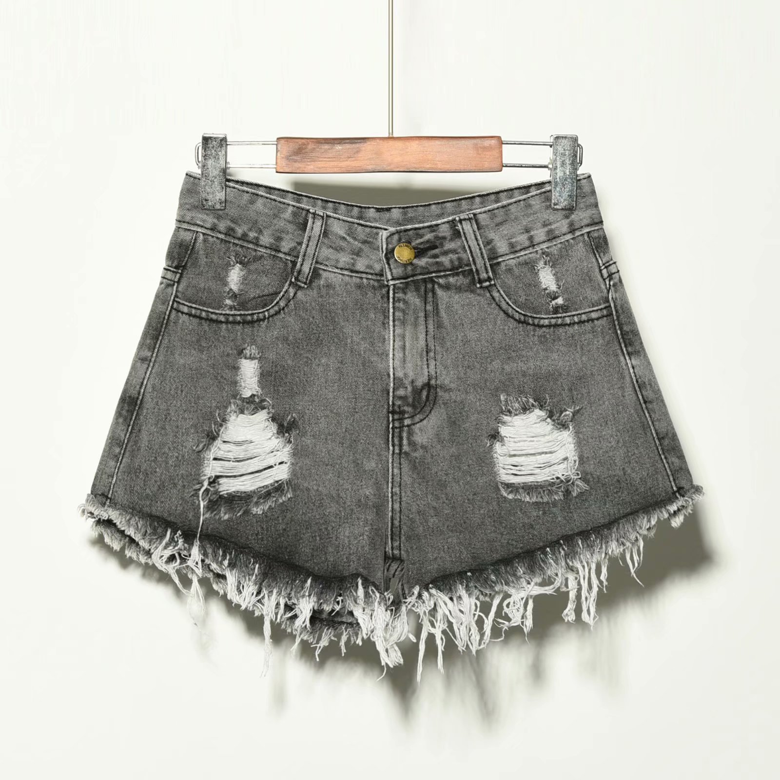 High Waist Loose Fit Denim Shorts Style Summer Wear For Women Large Size Hole Detail Slimming Effect Raw Edge Wide Leg A-Line Hot Pants_ecoleips.com