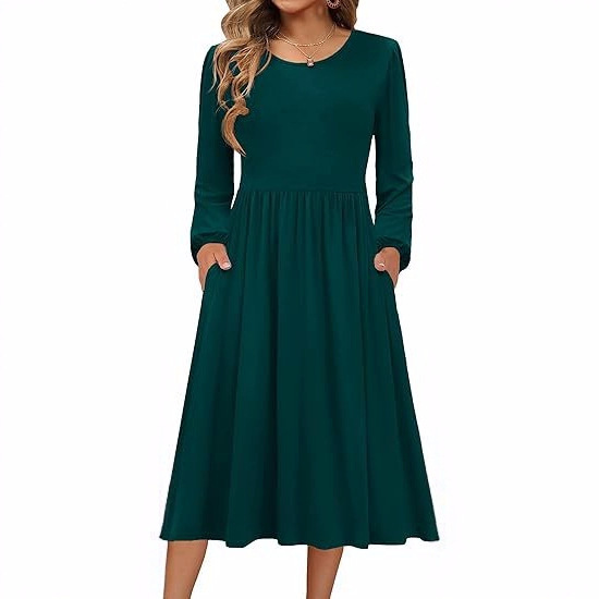 In-Stock European and American Cross-Border Women's Long-Sleeve Dress 2025 Autumn Casual A-Line Mid-Length Party Dress with Pockets