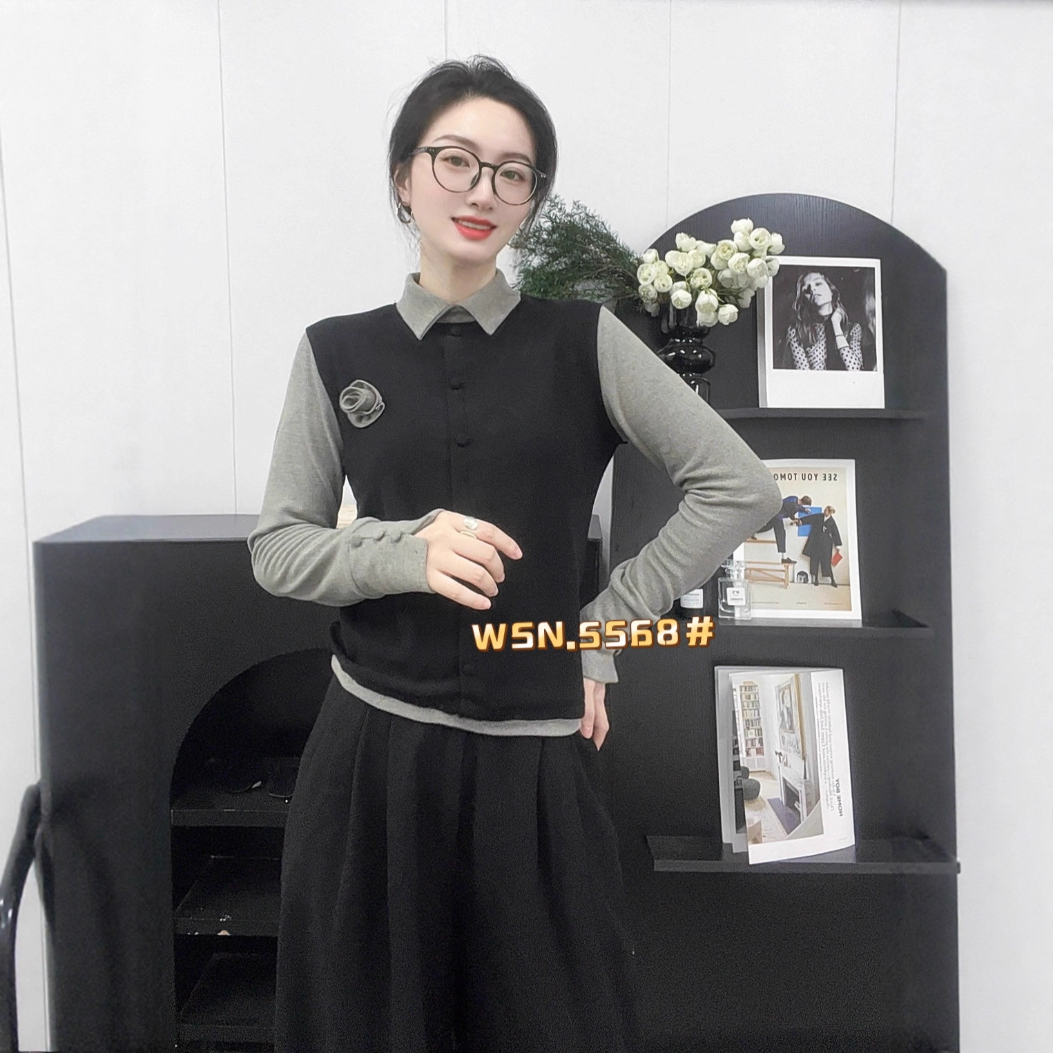 2025 New Winter Lapel Long-Sleeved Pullover Splicing German Velvet Bottoming Shirt Women's Top 5568