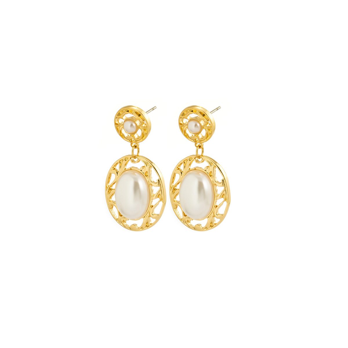 Baroque Hollow Disc Inlaid Pearl Earrings Retro Earrings display picture 3