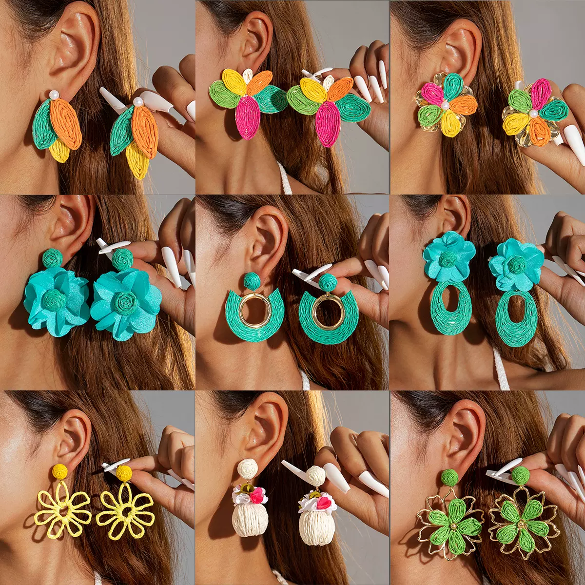 跨境夏季手工编织拉菲草耳钉女甜美气质耳环田园风氛围感花朵耳饰