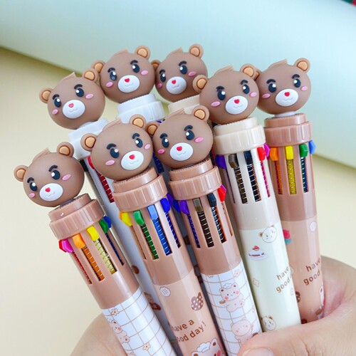 Cartoon bear ten-color ballpoint pen press color notebook pen 10-color in-one gift pen student award stationery