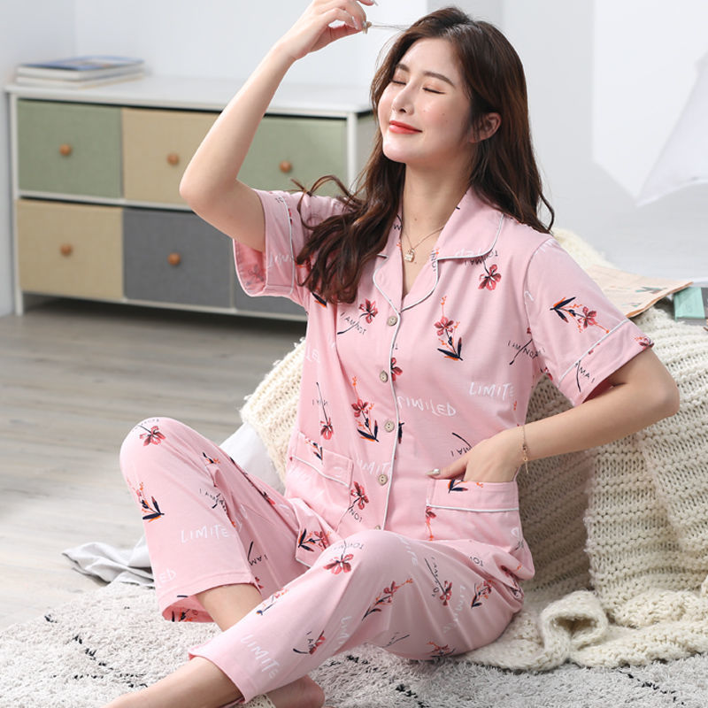 Pijama de algodón de verano Pantalones de manga corta para mujer de mediana edad traje de Rebeca de talla grande Delgado homewear