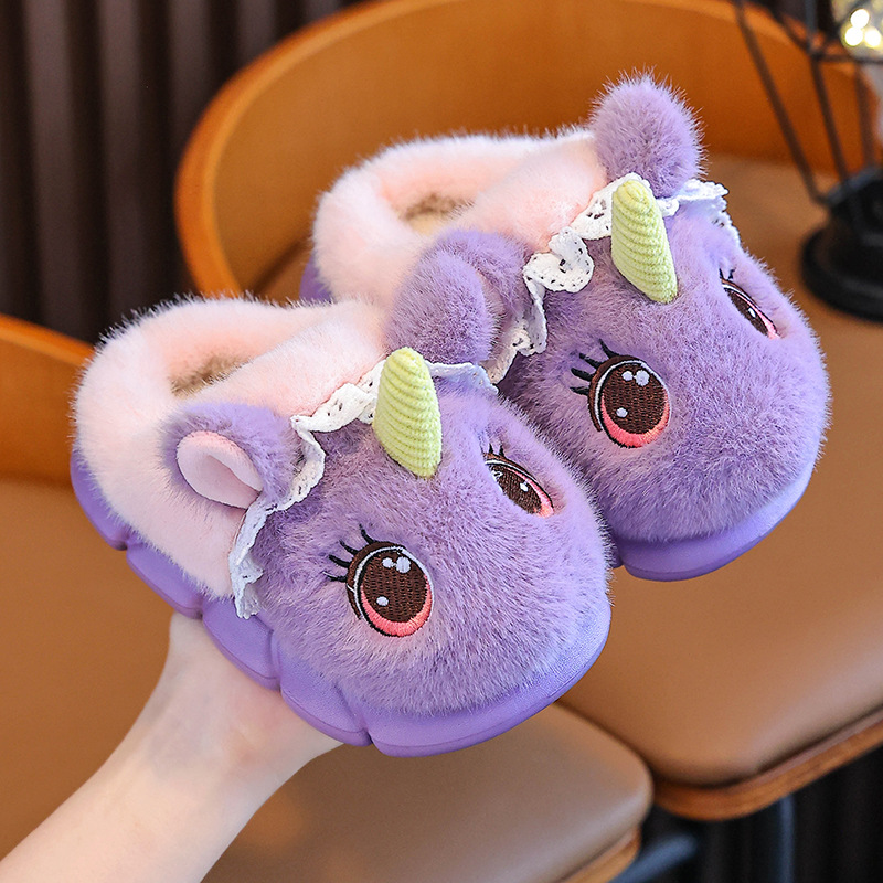 Unicornio zapatillas de algodón para niños de invierno para niñas con peluche cálido en el hogar zapatillas de peluche de interior para niños pequeños