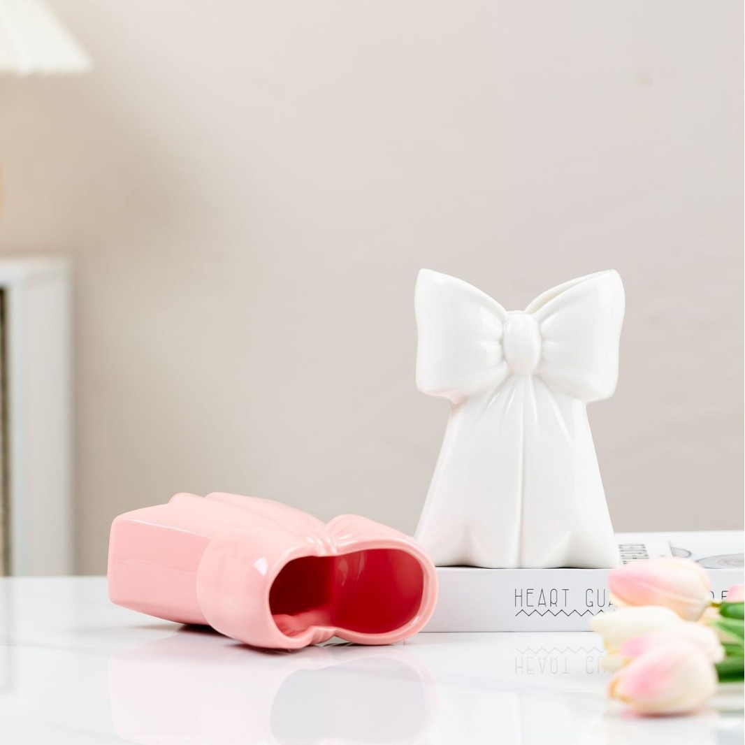 Jarrón de cerámica creativo con lazo, decoración de mesa para sala de estar, adorno de alta gama, arreglo floral artesanal.
