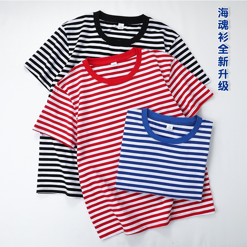 Cross-Border New Style Navy Shirt Blue and White Striped Round Neck T-Shirt Short Sleeve Unisex Summer Navy Style Foreign Trade T-Shirt Top