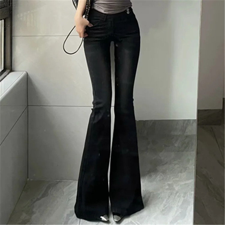 Black and Gray Stretchy Micro-Flared High-Waisted Jeans for Women 2025 New Style Washed and Distressed Straight Slim Flared Long Pants