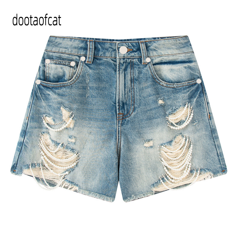 2026 New Summer Women's Clothing Simple Style Pearl Chain Worn and Ripped Casual Denim Shorts N637137 2026 New Summer Women's Clothing Simple Style Pearl Chain Worn and Ripped Casual Denim Shorts N637137