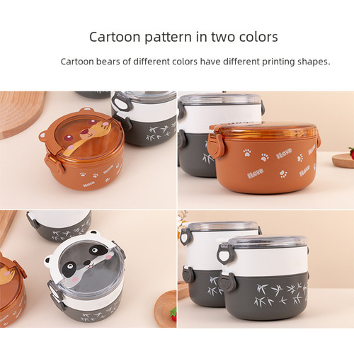 Cartoon double-layer portable lunch box for students and office workers, round bento box, microwave-safe, multi-layer children's meal container