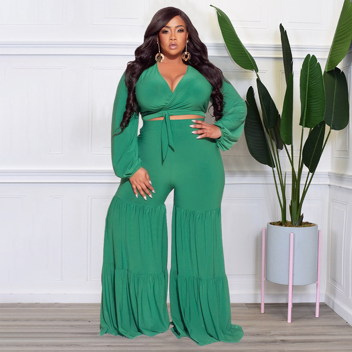 plus size solid color Deep V-Neck Tie Long Sleeve top Stitching Straight Pants lounge set NSLNW137043