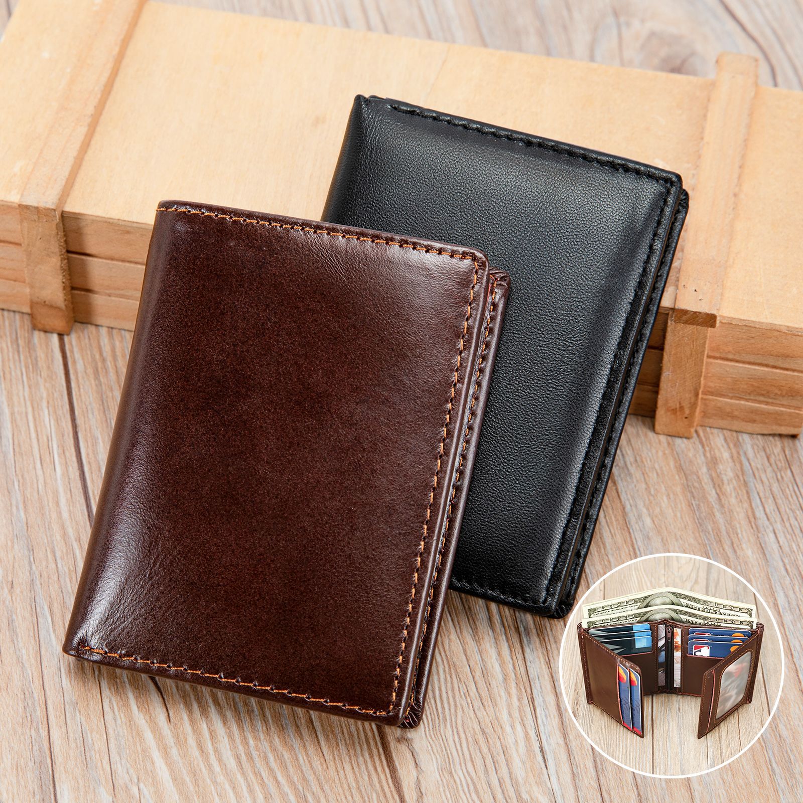 Ví nam da bò thật gập mini nhiều ngăn thẻ chống RFID — Đen, Cà phê, 8cm*2cm10.5cm