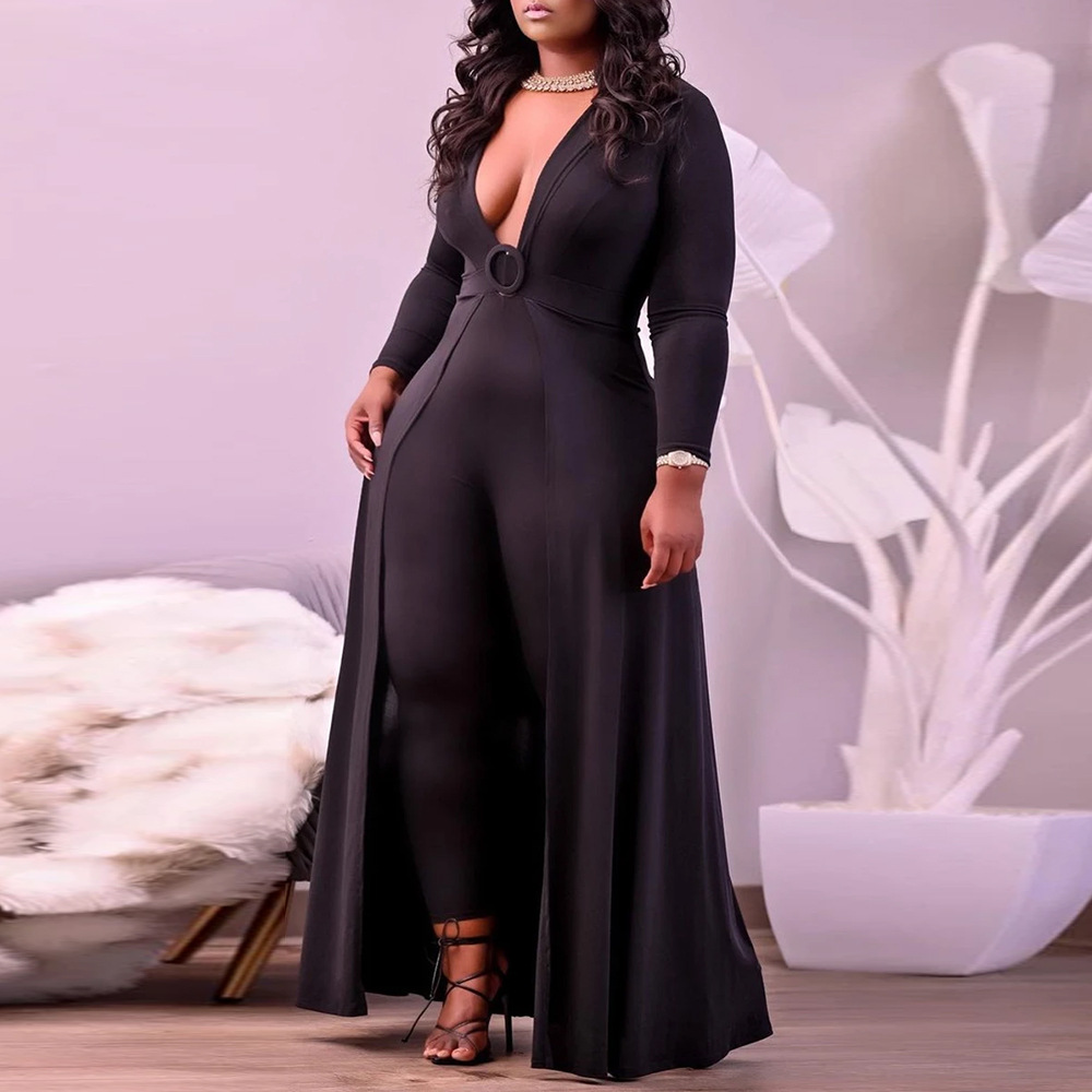 V-Neck Solid Color Slim Plus Size Jumpsuit NSCYF80208